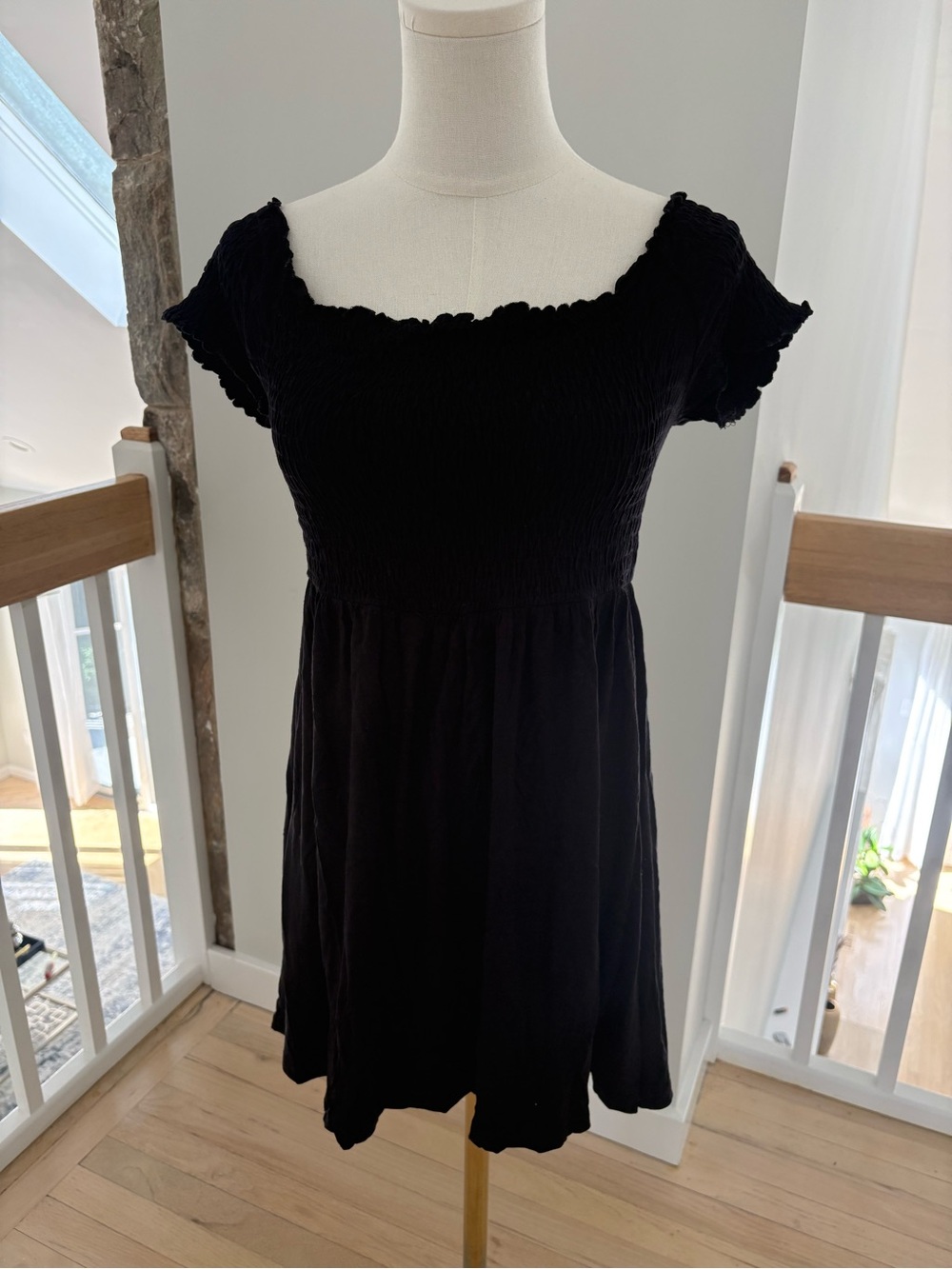 ASOS Black Smocked Off The Shoulder Mini Dress with Ruffled Sleeves